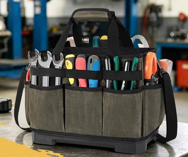 1. hard bottom open electrician tote bag
